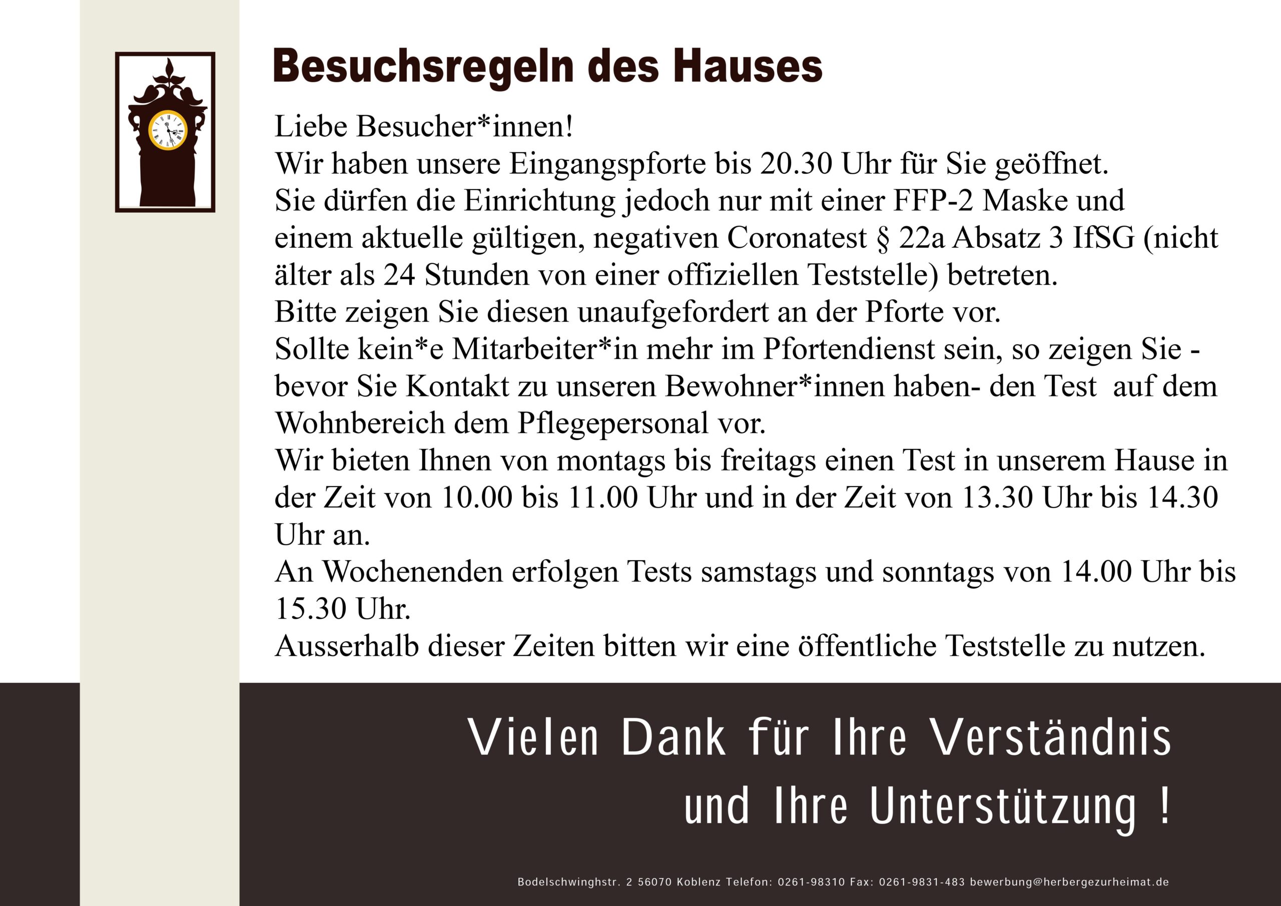 Aushang - Besuchszeiten. Stand 03.11.2022