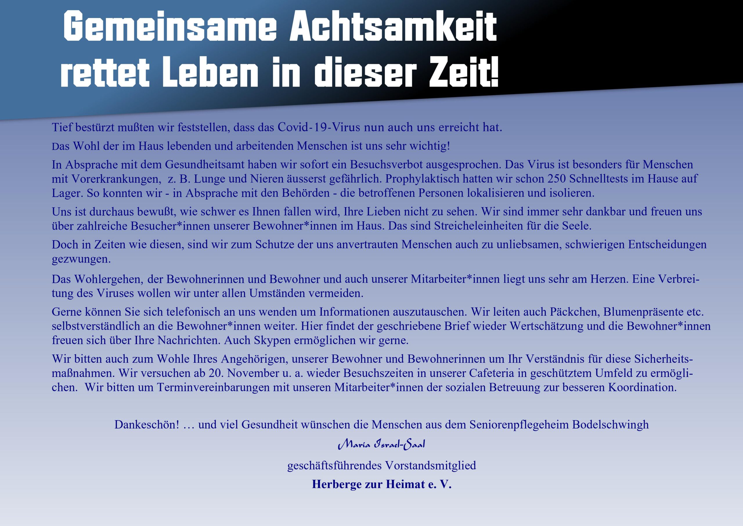 Gemeinsame Achtsamkeit rettet Leben in dieser Zeit!